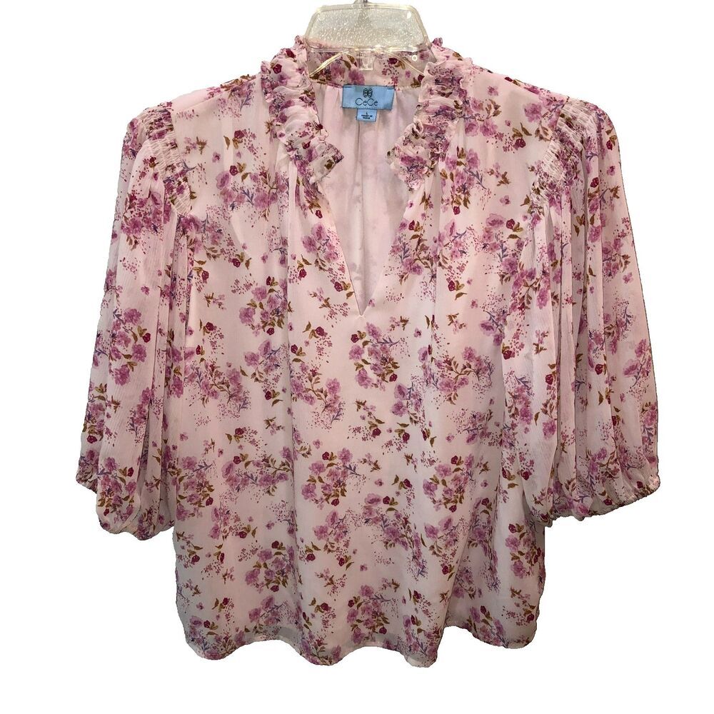 CeCe Size Large Pink Floral Blouse Ruffle Collar Balloon Sleeves Smocking Top